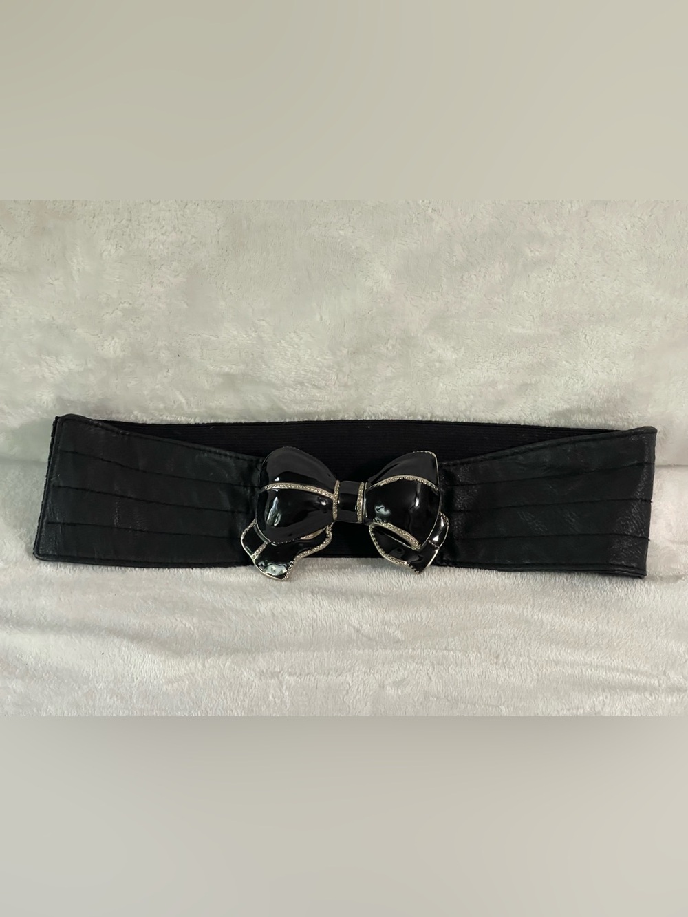 Vintage 80s black stretch belt chunky 3D enamel bow dress belt glitz and glam - Picture 5 of 7